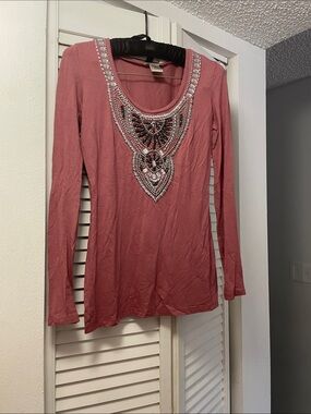 Cache Rose Pink Embellished Scoop-Neck Long Sleeve Top